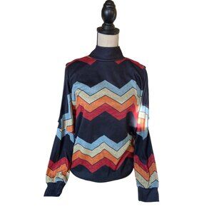 LouKeith Womens Medium Top Black Orange Blue Chevron Pattern Long Sleeve